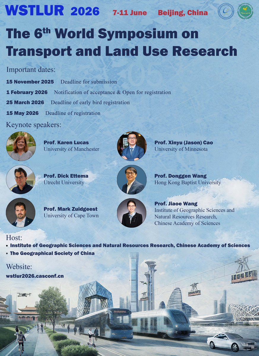 Last days (deadline Nov. 15) to submit an abstract for the 2026 WSTLUR conference, in Beijing, June 7-11: easychair.org/conferences/?c…

For more info on the conference (with keynote speakers K. Lucas, D. Ettema, J. Cao, M. Zuidgeest, D. Wang, J. Wang) see: wstlur2026.casconf.cn