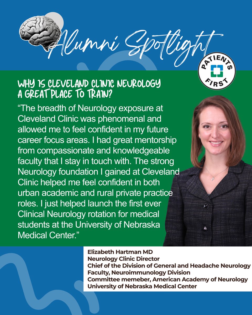 CLENeurons's tweet image. Dr. Elizabeth Hartman shares how her time at @ClevelandClinic built a strong foundation in both academic and private practice neurology. @NMatch2026 

#AlumniSpotlight #NeurologyX #NeuroTwitter #Nmatch2026 #MedEd