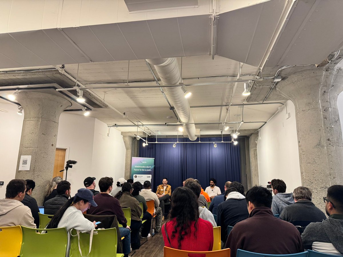 We had a lot of fun hosting everyone at last week's event. Thanks again to Tejas (<a href="/Vapi_AI/">Vapi</a>), James (<a href="/convex/"></a>), and our very own James (<a href="/SvixHQ/">Svix</a>) for sharing all the insights; and to <a href="/_heyglassy/">Christian</a> for moderating!

Looking forward to seeing you at the next one! 🎓🍕

(Picture by