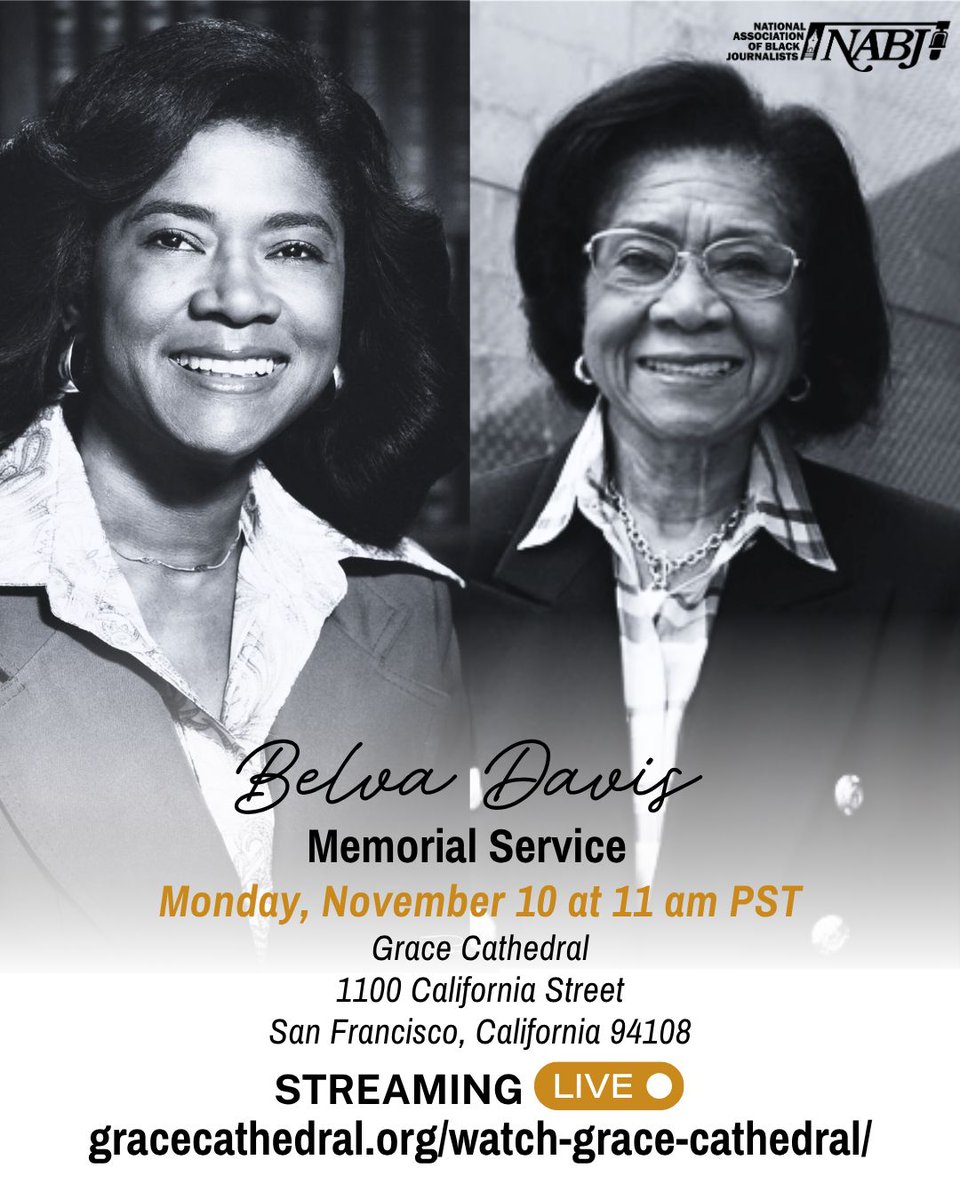 Join us in celebrating the extraordinary life and legacy of Belva Davis
Monday, November 10 at 11 AM PST
Grace Cathedral: 1100 California Street, San Francisco, CA 94108

Livestream here: gracecathedral.org/watch-grace-ca…

In lieu of flowers, please Donate here: …adavisreporting.allyrafundraising.com/campaigns/1424…
