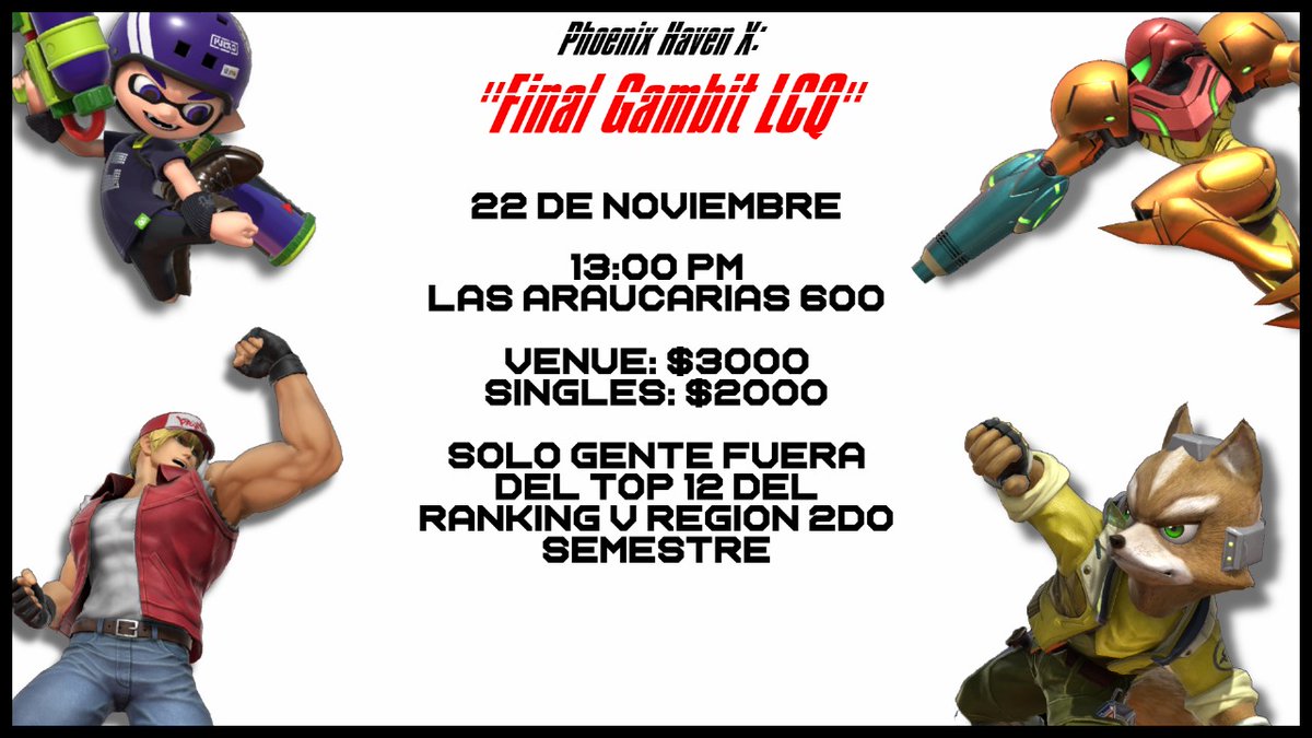 LA ÚLTIMA CHANCE QUE TIENEN DE ENTRAR AL Final Gambit🔥
LES TRAEMOS ESTE 22 DE NOVIEMBRE:
"PHX: Final Gambit LCQ"
Tienen lo necesario para entrar al invitaciónal con más nivel de Valparaiso?

Solo gente fura del top 12 del Ranking
Solo Valpo.
Fecha de Corte 21 de Noviembre
Info⬇️