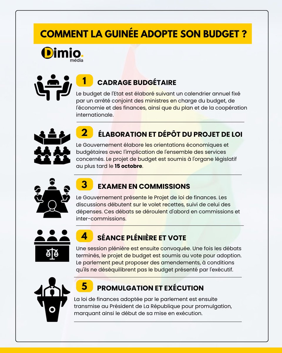 📃🇬🇳 Le #CNT a adopté le volet recettes de la LFR 2025 : 43 063,46 Mds GNF, soit +22,4 %. Les travaux se poursuivent sur les dépenses.

Mais savez-vous comment se construit le budget national et qui en sont les acteurs ? Réponse en visuel ⬇️
#Economie #LFR2025