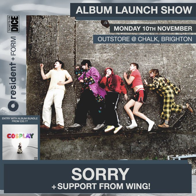 residentmusic's tweet photo. Timings for tonight's show with @sorrybanduk at @chalkvenue 💫They'll be playing the new album in full + the hits... 

7pm - Doors
7:30pm - wing!
8:30pm - Sorry 
10pm - Curfew  

Final call for album bundles (& we'll have some last-minute tickets on the door): https://t.co/mkSKh8Gq65