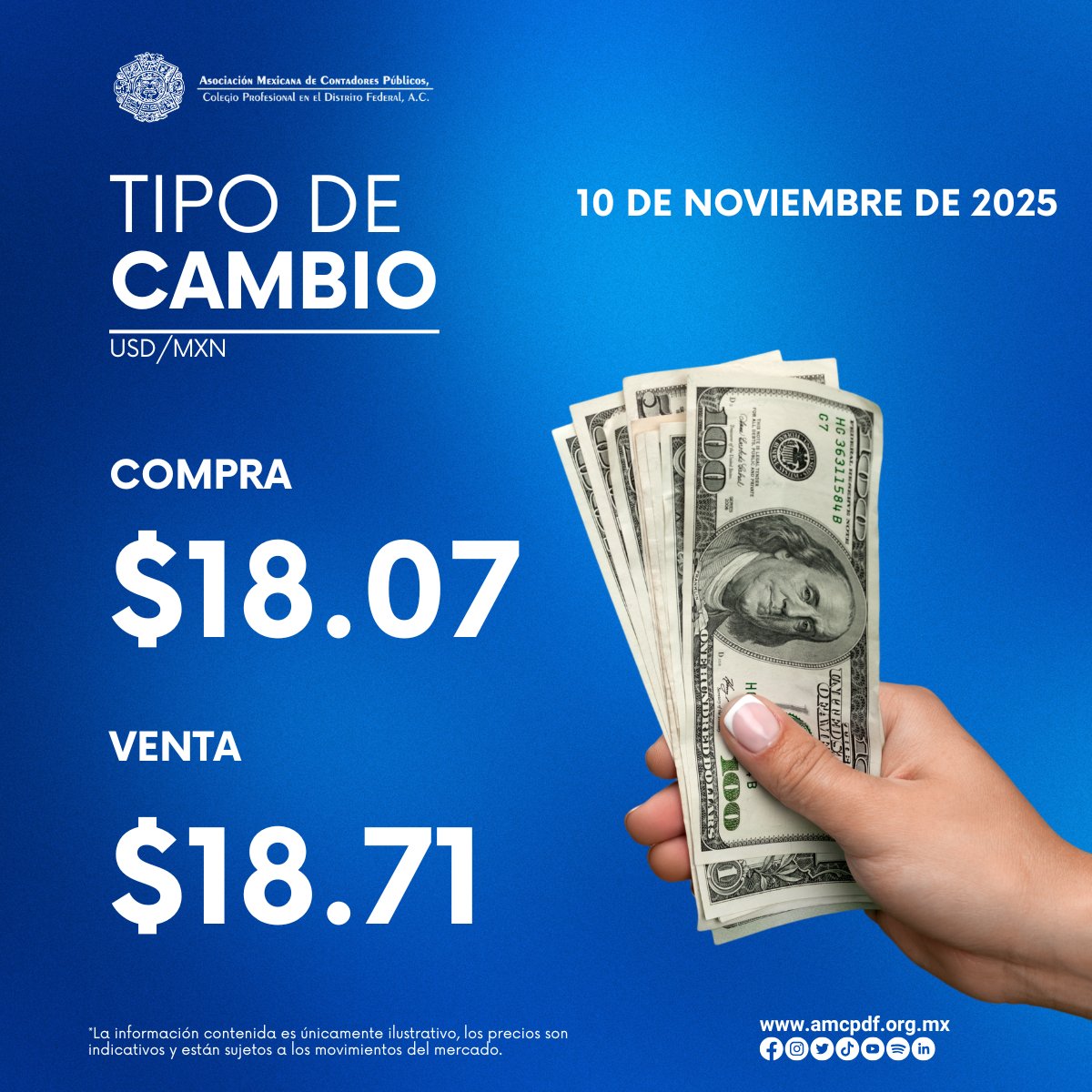#AMCPDFInforma: Hoy, lunes 10 de noviembre de 2025, el valor promedio del #Dólar es de 18.40 pesos mexicanos. ¡Mantente informado! 💵💱 preciodolar.com #TipoDeCambio #Finanzas #AMCPDF #amcpparatodos