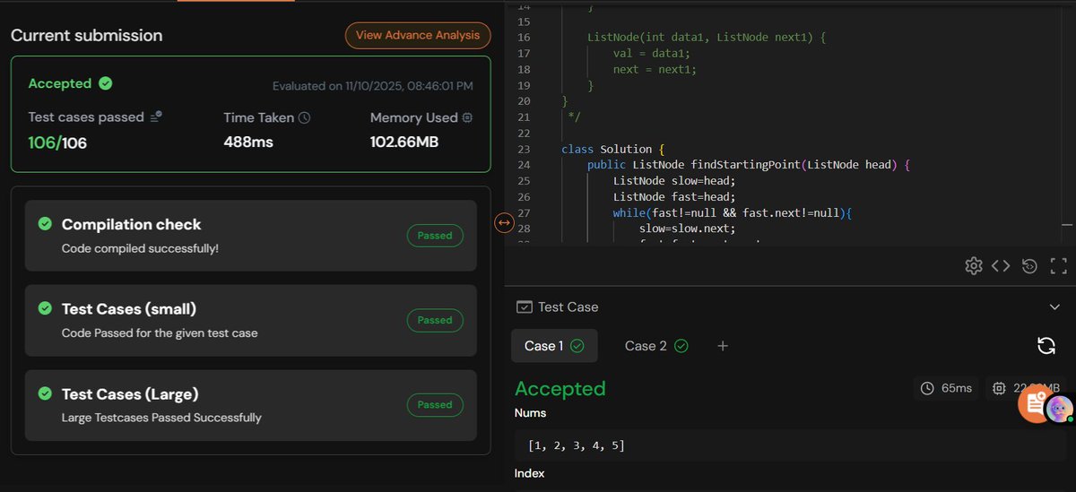 rajeshboya89's tweet image. Day 29 – #TUFWinterArc ❄️

Solved Find the Loop Starting Point in LL 🔗
Floyd’s cycle detection + pointer reset = neat solution! 

#TakeUForward #TUF #DSA #Coding