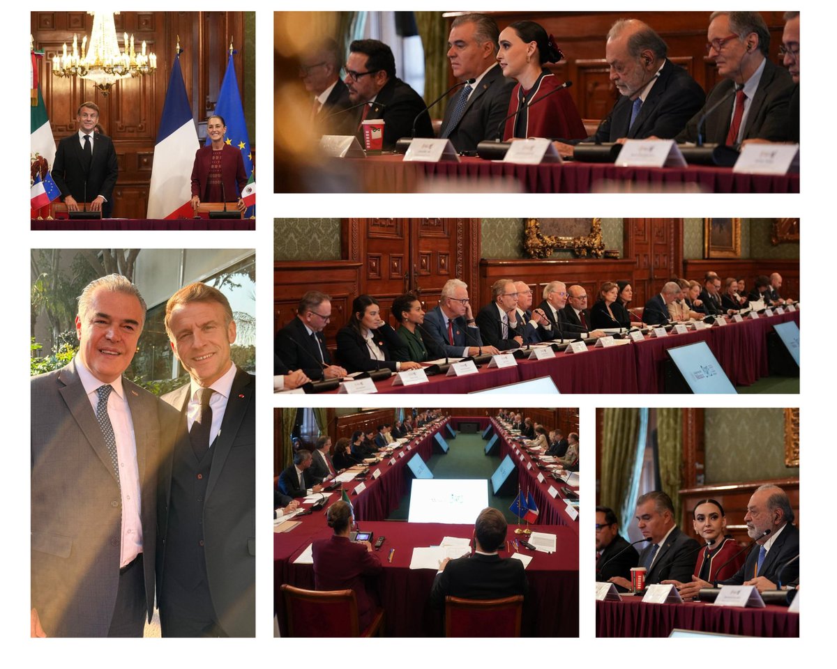 Junto a la Pdta. @ClaudiaShein, el Pdte. <a href="/EmmanuelMacron/">Emmanuel Macron</a> y destacadas y destacados miembros de la iniciativa privada mexicana, participamos en el encuentro empresarial de alto nivel México–Francia. 🇲🇽🤝🏻🇫🇷

Reafirmamos el papel de nuestro país como socio estratégico y destino