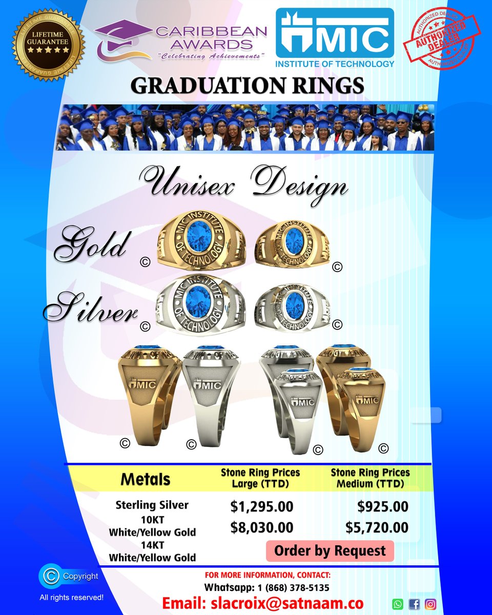 MIC_InstOfTech's tweet image. 𝗠𝗜𝗖-𝗜𝗧 𝗥𝗜𝗡𝗚𝗦 💍
Own your moment - order your official MIC-IT Graduation Ring today! 🎓✨
• Custom-made for your perfect fit
• Premium metals &amp;amp; free engraving
• Payment plans available
👉 caribbeanawards.co/product-catego…