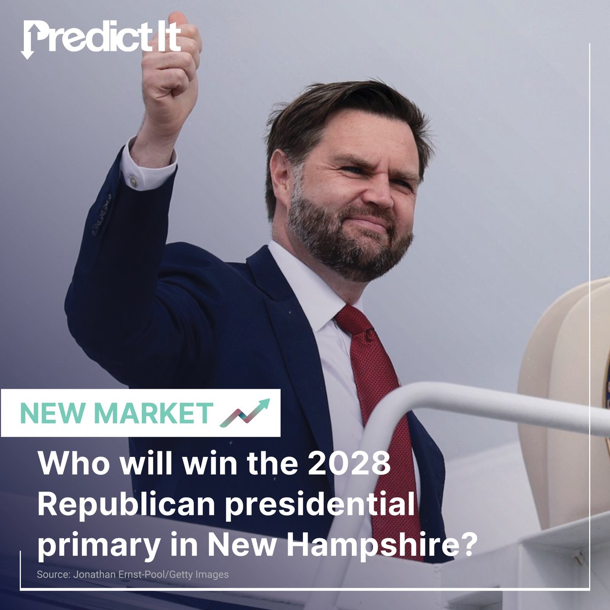 PredictIt's tweet image. Last month&apos;s poll from the @UofNH showed that Vice President @JDVance has a strong lead in the Granite State, but with a wide pool of potential GOP candidates and nearly three years until the #2028election, his lead could crumble: shorturl.at/q9Js5 #PredictIt