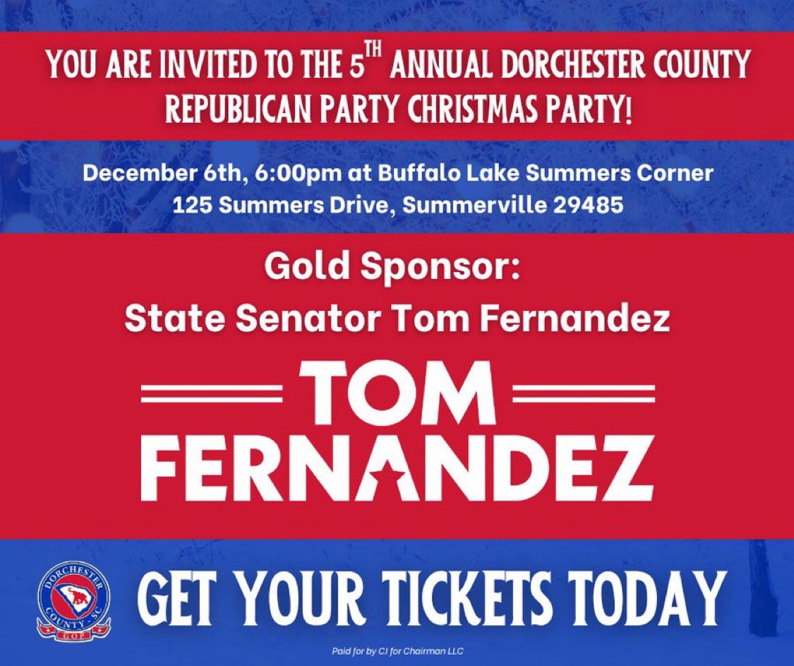 Join us for our 5th Annual Dorchester GOP Christmas Party! Sat, Dec 6th @ 6PM 🎄 
A huge thank you to State Senator Tom Fernandez  for being a Gold Sponsor of this year’s event!
🎟️Tix: dcrp.ticketspice.com/christmas-part…
📍Buffalo Lake - Summers Corner
125 Summers Dr, Summerville
Carol