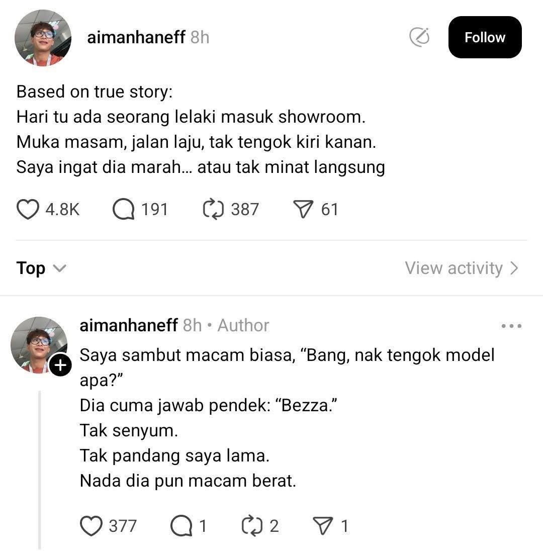 ConfessionLocal's tweet photo. Based on true story:
Hari tu ada seorang lelaki masuk showroom.
Muka masam, jalan laju, tak tengok kiri kanan.
Saya ingat dia marah… atau tak minat langsung

Saya sambut macam biasa, “Bang, nak tengok model apa?”
Dia cuma jawab pendek: “Bezza.”
Tak senyum.
Tak pandang saya lama.
Nada dia pun macam berat.

Dalam hati saya terdetik,
“Eh, dia ok ke ni… atau dia memang datang sekadar tanya harga?

Tapi saya layan macam customer lain yang tengah ada appoiment dengan saya dulu
Sebab kadang orang diam bukan sombong…
dia tengah simpan sesuatu.(dalam hati saya)

Masa saya tunjukkan spec, dia tak angkat muka sangat.
Tapi bila saya tanya,
“Kereta ni untuk kegunaan siapa bang?”

Dia diam lama…
Sampai saya fikir soalan saya salah.

Tiba-tiba dia tarik nafas dan jawab perlahan:
“Untuk isteri saya… dia ulang-alik kerja jauh.”

Ayat tu simple.
Tapi saya tahu cerita dia tak habis di situ.

Saya tanya balik,
“Abang tak pakai kereta?”
Dia geleng.

“Dulu pakai… tapi saya hilang kerja 2 bulan lepas.
Sekarang baru dapat kerja baru.
Saya tak mampu sangat, tapi saya nak dia selesa,
sebab dia banyak tanggung saya sebelum ni.”

Saya terdiam.
Tadi saya ingat dia marah.
Rupanya dia tengah tahan banyak benda dalam hati🥺.

Kadang muka orang bukan tanda perangainya.
Ia tanda apa yang dia dah lalui.

Saya buat kiraan paling jimat.
Saya tak cuba upsell.
Saya cuma nak tolong.

Lepas kiraan siap, dia tengok saya dan pertama kali dia senyum sikit:
“Kalau saya dapat bagi isteri saya kereta ni…
itu dah cukup.”

Dalam dunia sales, kita selalu jumpa macam-macam perangai.
Tapi hari tu, saya belajar satu benda:

Orang beli kereta bukan sebab kereta.
Dia beli sebab tanggungjawab
dan sayang.

Dan kadang-kadang
orang paling kita tak expect dengan mukanya yang garang masuk showroom,
adalah orang yang hatinya paling lembut.

Sumber aimanhaneff
