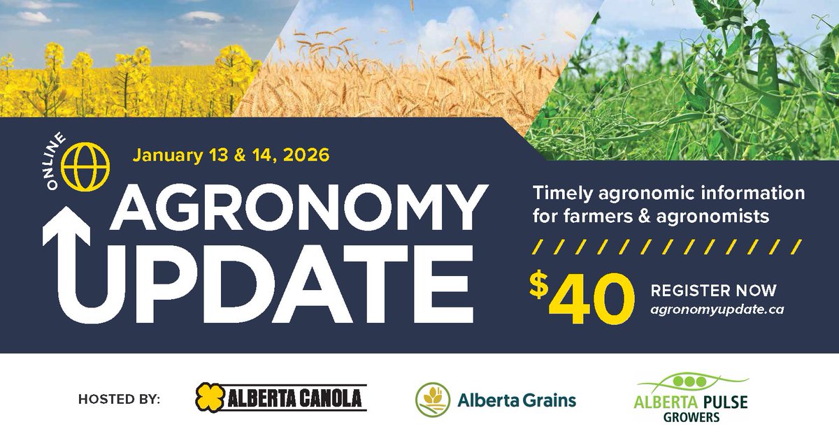 Registration is open for Agronomy Update 2026!
Join this virtual event to get the latest agronomic information for farmers and agronomists alike. Register today and stay tuned for more details! agronomyupdate.ca  #AU2026 #AlbertaAg #WestCdnAg