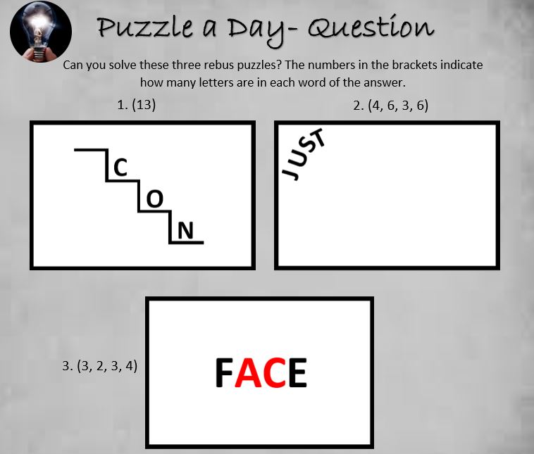 PuzzleADayBlog's tweet image. Three Rebus Puzzles

#puzzle #puzzles #puzzleaday