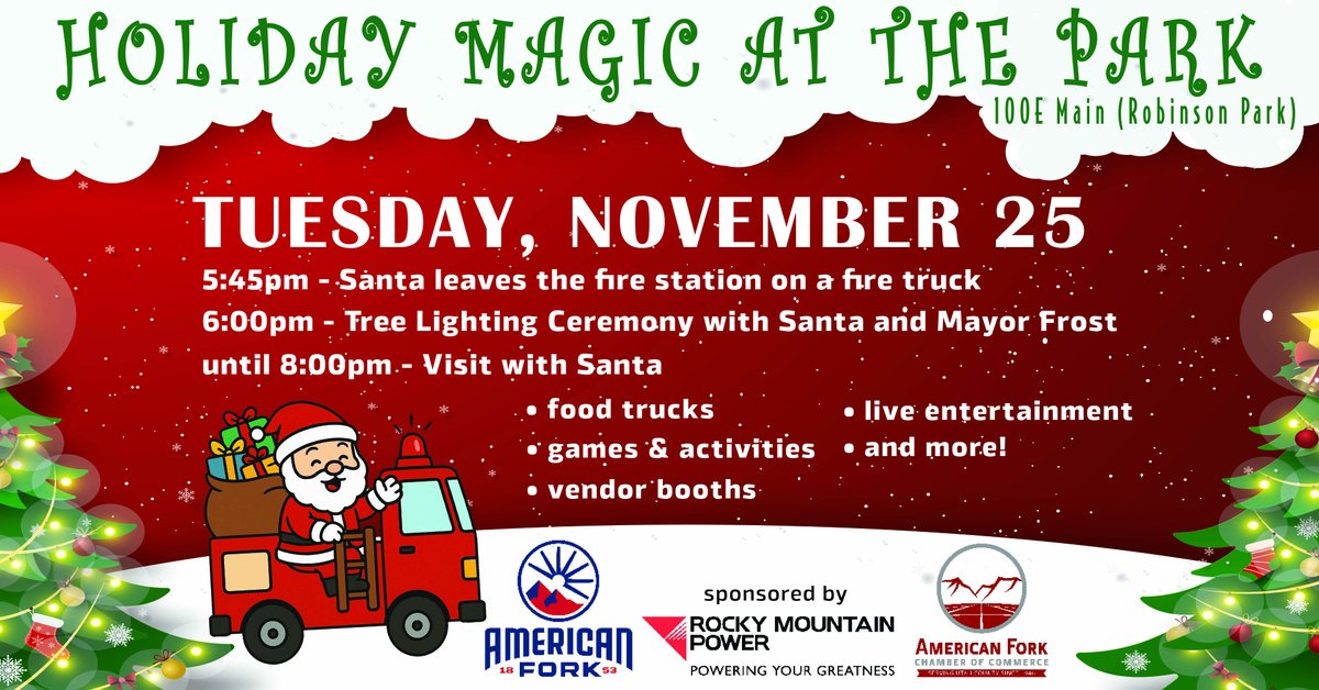 Make your holidays start off merry and bright, and celebrate the beginning of the season with Holiday Magic at the Park!

📅 Tuesday, 11/25/24

⏰Get there at 5:45 to see Santa arrive!

📍 Robinson Park, 100 E Main St

#americanfork #americanforkcity #allaboutamericanfork