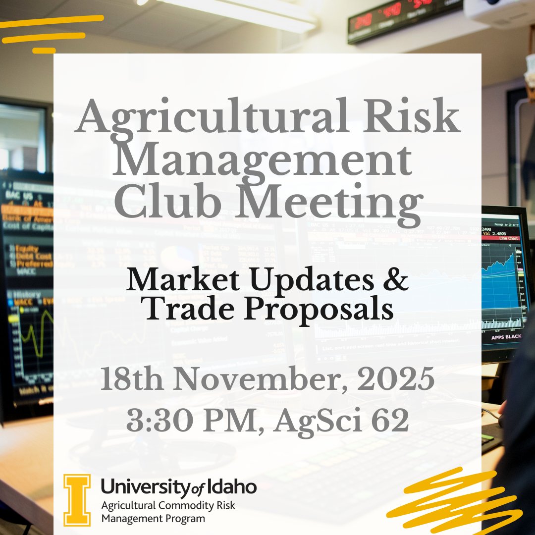 Join us for our final trading-focused ARM Club meeting of the semester on Tuesday, November 18 at 3:30 PM in Ag Sci 62! We’ll share updates on both the cattle and grain markets, and then break into groups to develop and pitch our own trade ideas. We hope to see everyone there!