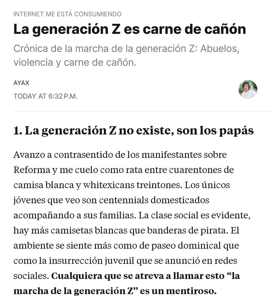 pincheAyax's tweet image. Ya está arriba la nueva edición del newsletter. Es una crónica sobre la mal llamada marcha de la generación Z con algunas reflexiones sobre quienes usan a los jóvenes como carne de cañón. Mis amigos se rifaron con fotos increíbles.
¡Pasen a leer!

ayax.substack.com/p/la-generacio…