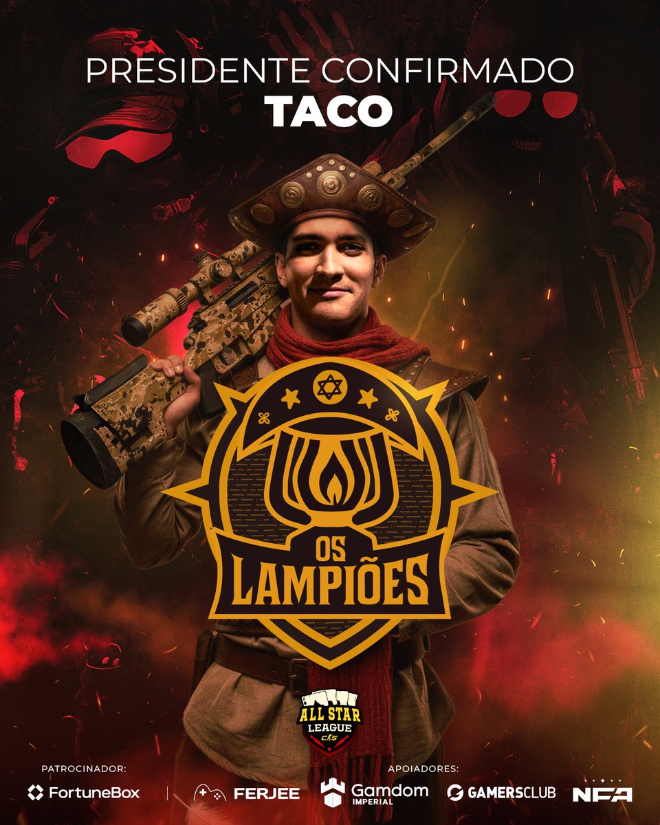 allstarleaguecs's tweet image. O TIME DOS LAMPIÕES CHEGOU!

@TACOCS é o nosso 5º capitão da ASL!

&quot;O cangaço tático chegou. Temam Os Lampiões.&quot;

Acompanhe a ASL, nosso campeonato presencial de lendas do CS, dias 19 e 20 de novembro!