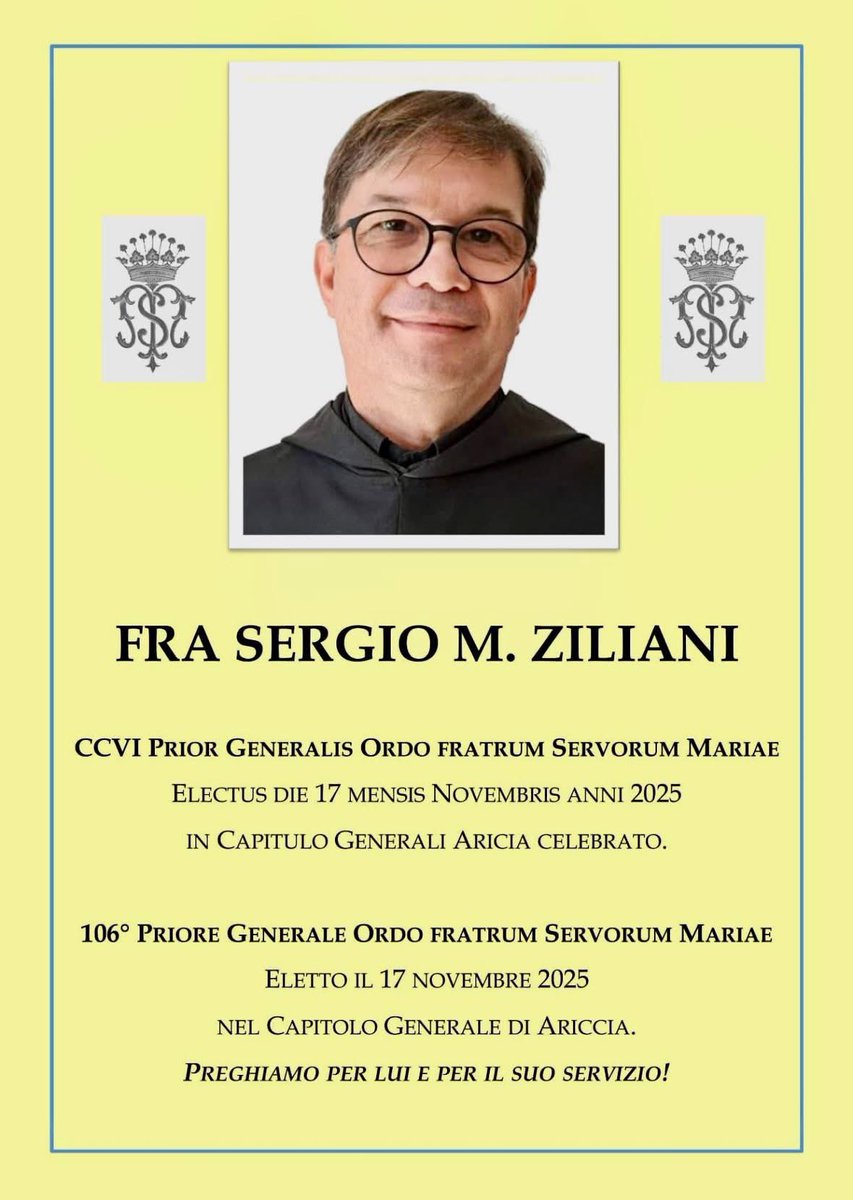 En el dia de hoy ha resultado elegido nuevo Prior General de la Orden Siervos de María, para el sexenio 2025-2031, Fray Sergio María Ziliani.

Oremos a Dios, por intercesión de la Bienaventurada Virgen María, para que le conceda las gracias necesarias en este nueva encomienda.