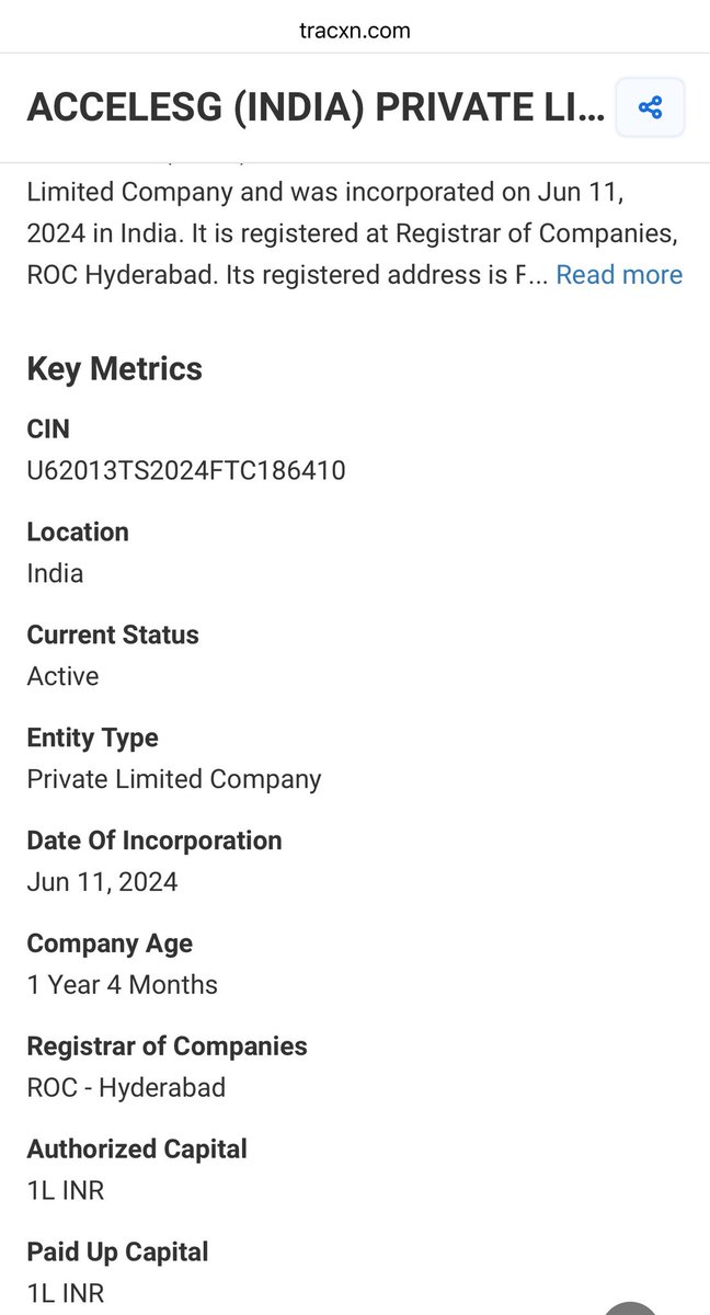 molakalaravi's tweet photo. It seems there are many URSA companies that signed MOUs at the recent Vizag event.
For example, AccelESG, whose website is https://t.co/4pDqcfXOJj, had its full content added in late 2024.
Its Indian subsidiary was created in June 2024, as expected, with 1 lakh rupees.
This company is in Atlanta, GA. It has 22 employees and provides reporting services on environmental and sustainability issues. They lack experience in physical infrastructure, research, or even the capital for the scale mentioned below.