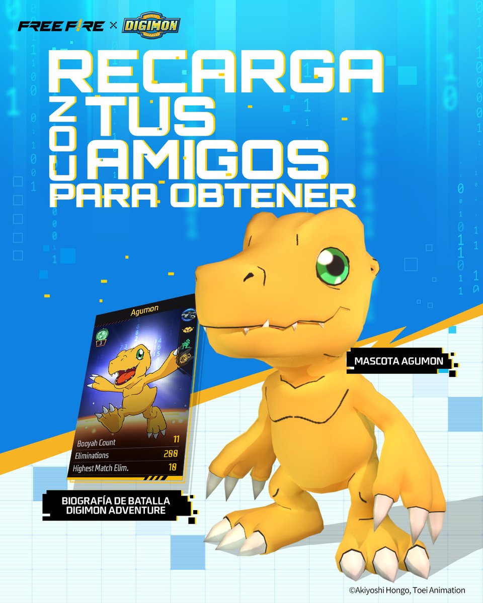 freefirelatino's tweet image. Recarga junto a tu escuadra y consigue al Digi-compañero más poderoso: ¡Agumon!

#FFxDigimonAdventure #DigimonAdventure #FreeFire