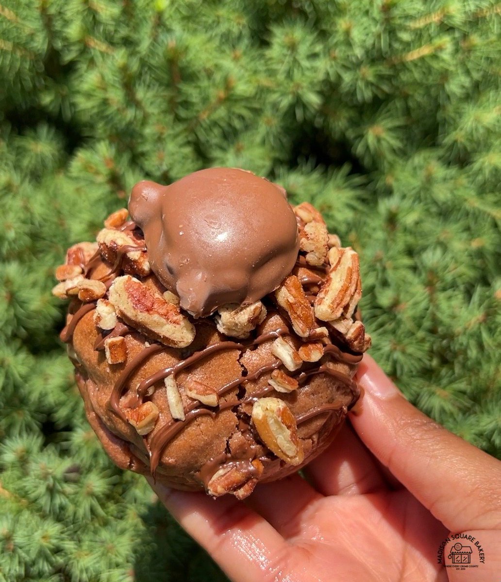 MadisonSqBakery's tweet image. Cute little pecan turtles on top of our 6 oz. chocolate cookies filled with chocolate chips, pecans, and caramel, and striped with a chocolate glaze after. 🍪🐢