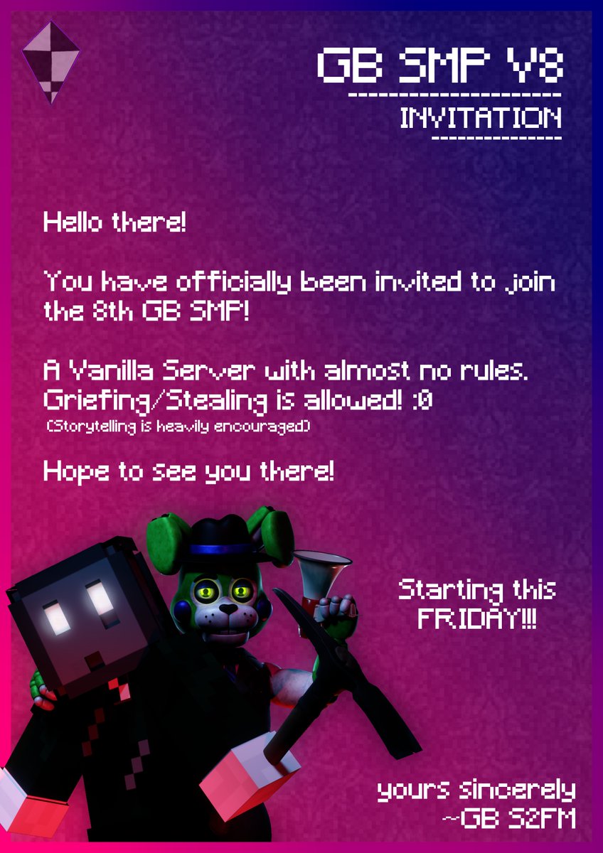 GreatSfm's tweet image. Howdy Everyone!

Looking for an SMP to join?
With mainly FNaF-Animators, but everyone is welcome!

Important:  
Griefing and Stealing is allowed!

Starting this Friday! :p
discord.gg/fFm3U3vyTw

#Minecraft #MinecraftSMP #Server