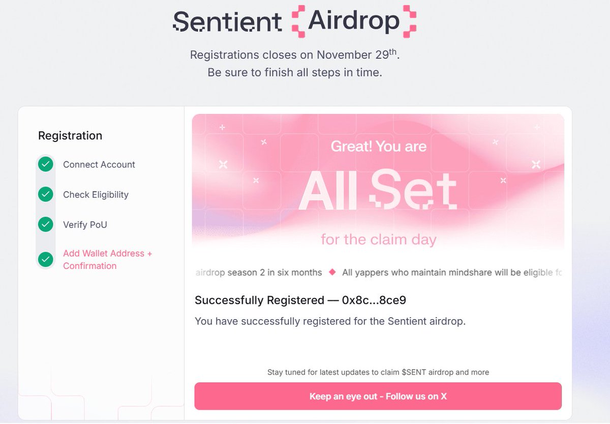 Sentient  <a href="/SentientAGI/">Sentient</a> 可以查询资格，X只要写过文章就有资格后悔没深入交互了，也没拿dc角色，没想到的的是sentient chat也有资格，感谢水哥送的邀请 <a href="/CoinToEarn/">币赚</a> 

空投注册网站：airdrop.sentient.xyz