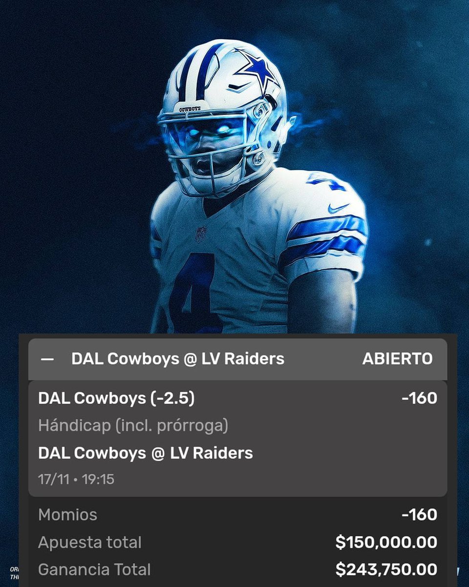 "APUESTA TUMBADA" de $150,000mxn 
HOY CONFIAMOS EN KAKAS PRESCOTT, SI GANAMOS ESTA APUESTA SE VAN $6,000mxn
3 GANADORES $2,000C/U
SOLO TIENES QUE DAR LIKE,RT Y COMENTAR PARA PARTICIPAR
#DallasCowboys #RaiderNation #DALVSLV #MNF #NFL
