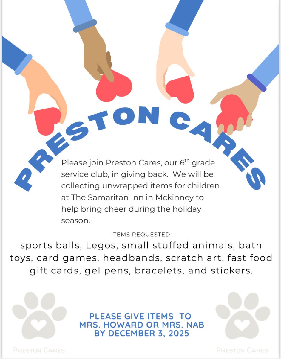 Help us spread some holiday cheer! 🎁Preston Cares is collecting stocking stuffers for the Samaritan Inn to support local families in need. Please bring your donations to Mrs. Howard or Mrs. Nab by December 3, 2025. Let’s make this season a little brighter for everyone! ￼❤️