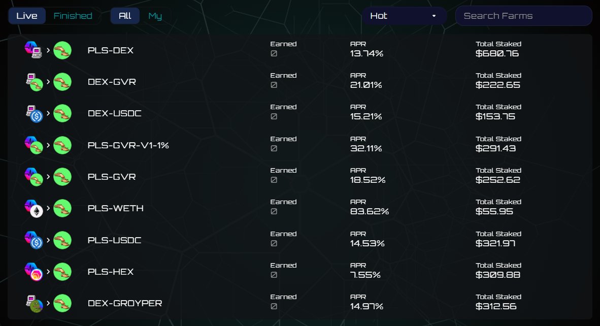 hex0xe's tweet image. The easiest way to get yield on $GROYPER is at dex.dextop.pro/earn on #PulseChain 
There should be some additions and changes to these pools soon.
