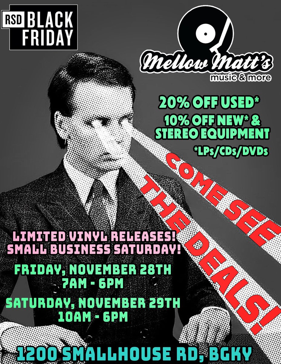 MellowMatts's tweet image. It’s Black Friday Record Store Day! We’ll be opening the doors at 7am on Black Friday with all your fave RSD releases! Plus, 20% off preloved and 10% off new music and stereo equipment all weekend! Come celebrate Black Friday RSD and Small Business Saturday with us!
#blackfriday