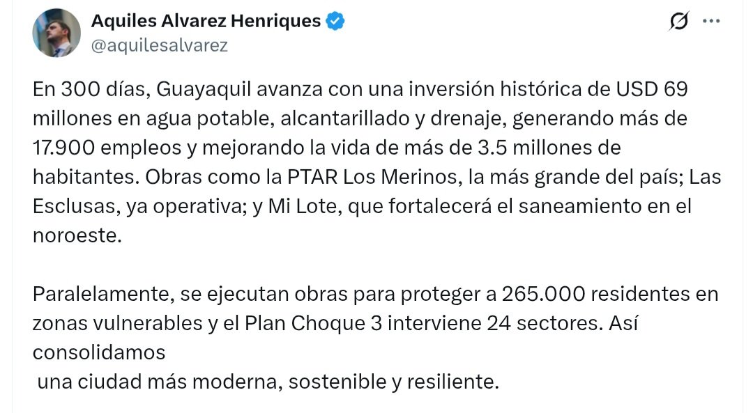 EcEnDirecto's tweet image. #ATENCIÓN 
"En 300 días, Guayaquil avanza con una inversión histórica de USD 69 millones en #agua potable, alcantarillado y drenaje, generando más de 17.900 #empleos y mejorando la vida de más de 3.5 millones de #habitantes", informó el alcalde @aquilesalvarez, dandole meritos a