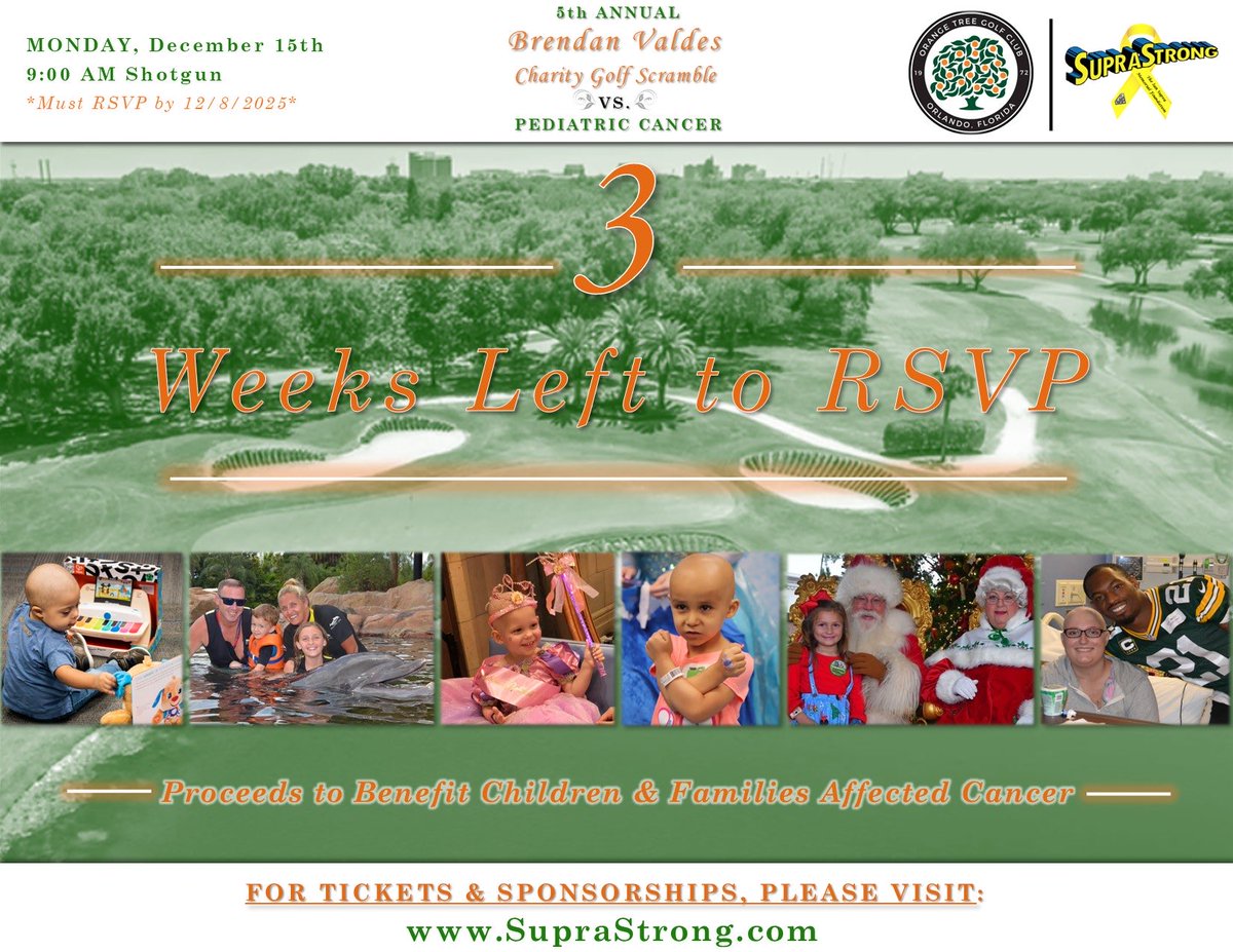 Only 3 weeks left to RSVP to join us at the 5th Annual <a href="/Brendan_Valdes/">Brendan Valdes</a> Charity Golf Scramble vs. Pediatric Cancer!🏌️‍♂️🏌️‍♀️⛳️🎗️ Visit SupraStrong.com to sign up today! #SupraStrong ❤️💙💛💪 

<a href="/OrangeTreeGolf/">Orange Tree</a> | <a href="/KornFerryTour/">Korn Ferry Tour</a>
