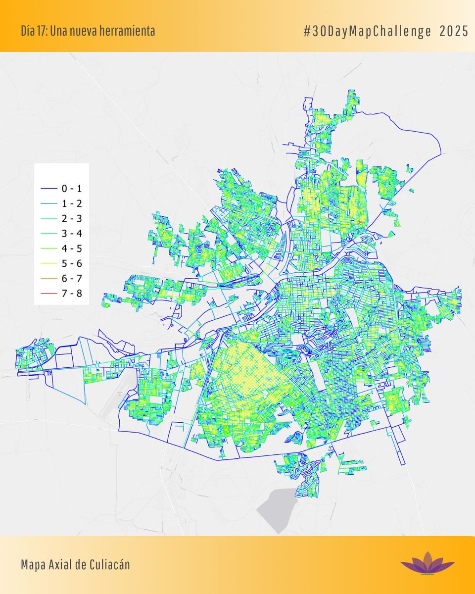 #30DayMapChallenge
 Día 17: Nueva herramienta | Mapa Axial de Culiacán

Medimos la conectividad con Space Syntax Toolkit para distinguir vías con alta accesibilidad de aquellas más segregadas.
Análisis para comprender el movimiento potencial y la estructura espacial de la cuidad.