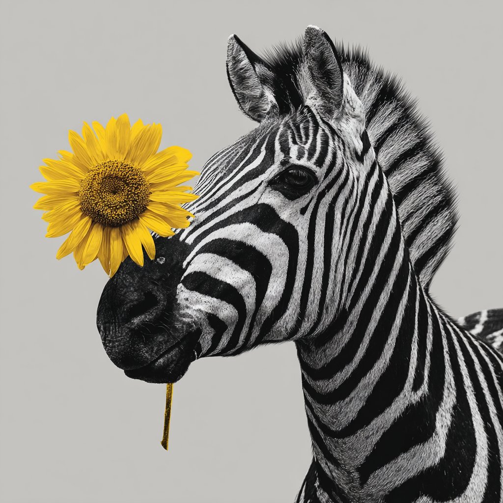 SupportMarkets's tweet image. Share your ART!     Theme:  A single pop of Color 
💫🎨
Detailed prompt in the post below...  Mine was &quot;A Black and White zebra with a Yellow daisy&quot;...