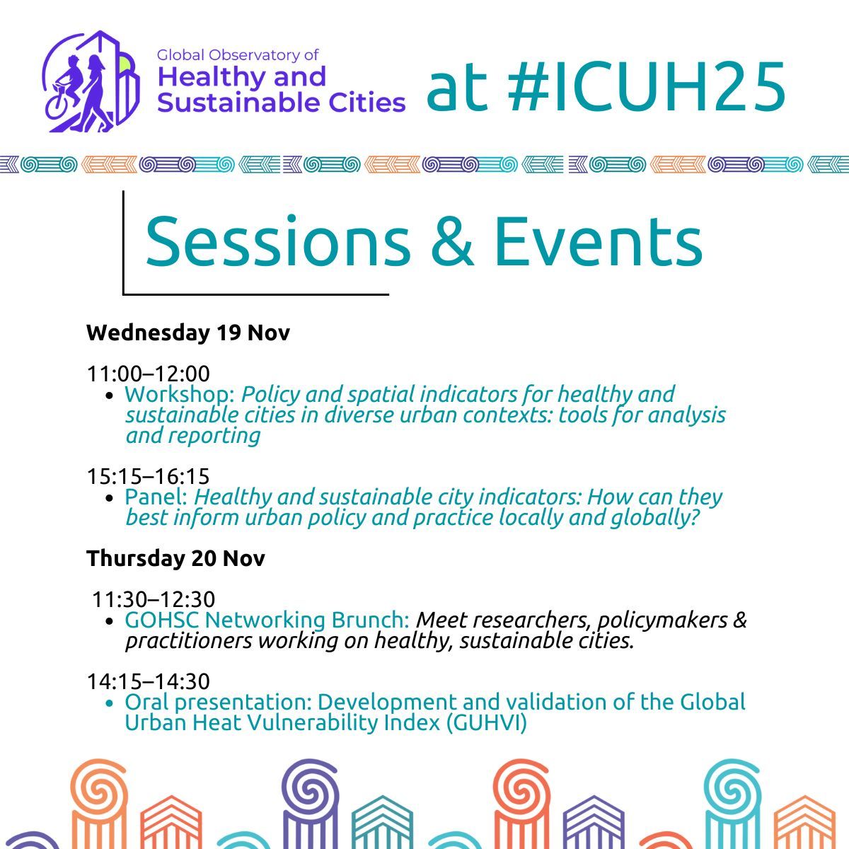 GOHSC is at #ICUH25! 🎉 Join us for panels, presentations, and a networking brunch. Check the image for full session details! #UrbanHealth #1000CitiesChallenge <a href="/DrHinckson/">Erica Hinckson</a> <a href="/DrMelanieLowe/">Melanie Lowe</a> <a href="/carlhiggs/">Carl Higgs</a> <a href="/IS_UrbanHealth/">ISUH</a>
