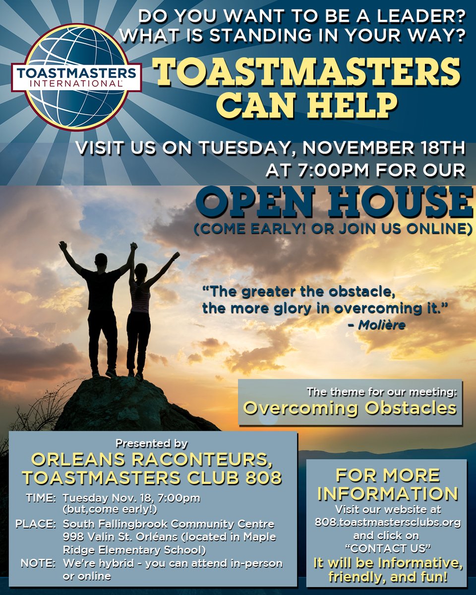 raconteurstm's tweet photo. Join us for our Toastmasters Open House! Our theme this month is Overcoming Obstacles — come get inspired, meet great people, and see how Toastmasters can help you grow. Everyone is welcome! https://t.co/mxL0Unwdss