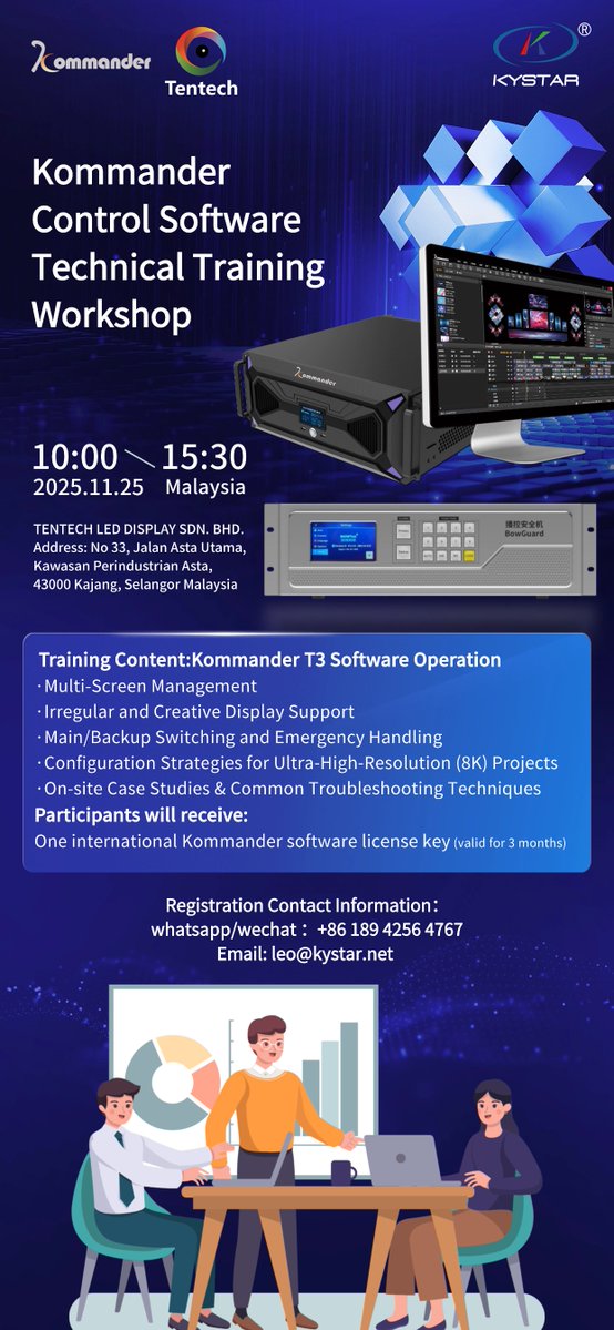 PolarWangKystar's tweet image. 🌟 Kommander T3 Training – Malaysia 🇲🇾
 📅 Nov 25, 2025 | 📍 Kajang, Selangor
 Learn multi-screen setup, creative display config &amp;amp; backup switching.
 🎁 Free 3-month Kommander license!
 #Kystar #LED #controlsystem #Kommander #T3 #Training #Malaysia #Workshop