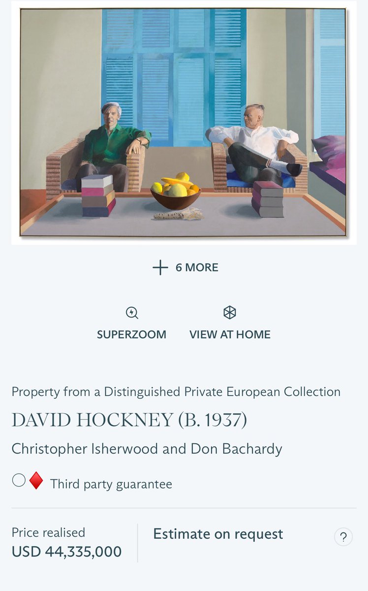 artdetective's tweet image. Hockney’s first double portrait with a fascinating history hammers at $38 million. 40 years ago it sold for $562,500 #artmarket @ChristiesInc @artnet