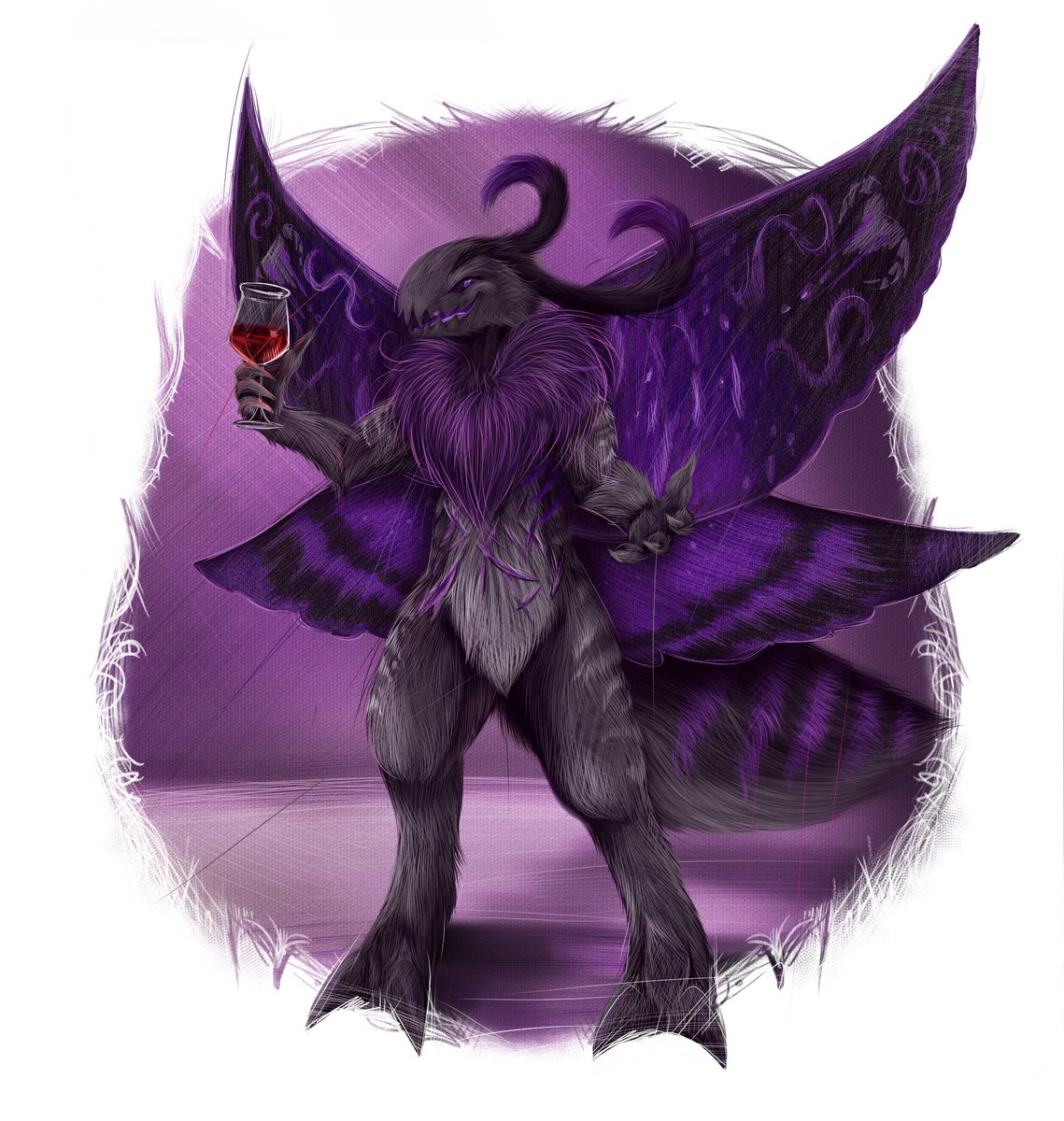 What__The__Flup's tweet image. Did this Amygdala-themed illustration for GeekNerdiac of their character Indred. 
He has lovely character designs so I happy to work on this one for him.He offers a toast! And I don&apos;t think it&apos;s red wine in that glass based on what I know of this guy. Loved working on this one