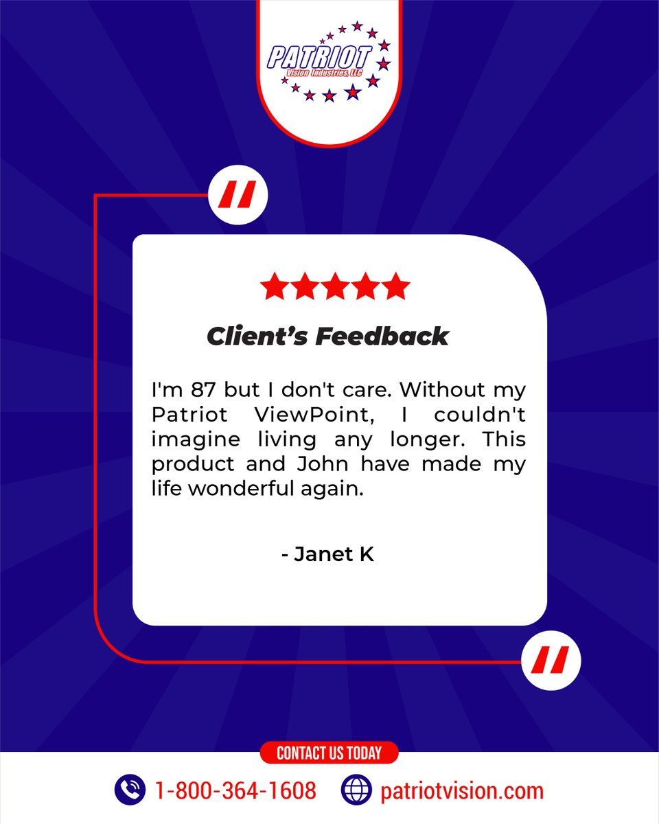 The Patriot ViewPoint isn’t just technology; it’s independence, confidence, and the ability to reconnect with the world around you.

Ready to experience the freedom Janet enjoys? Learn more about the Patriot ViewPoint today! loom.ly/3kyWlOg

#PatriotVisionIndustries