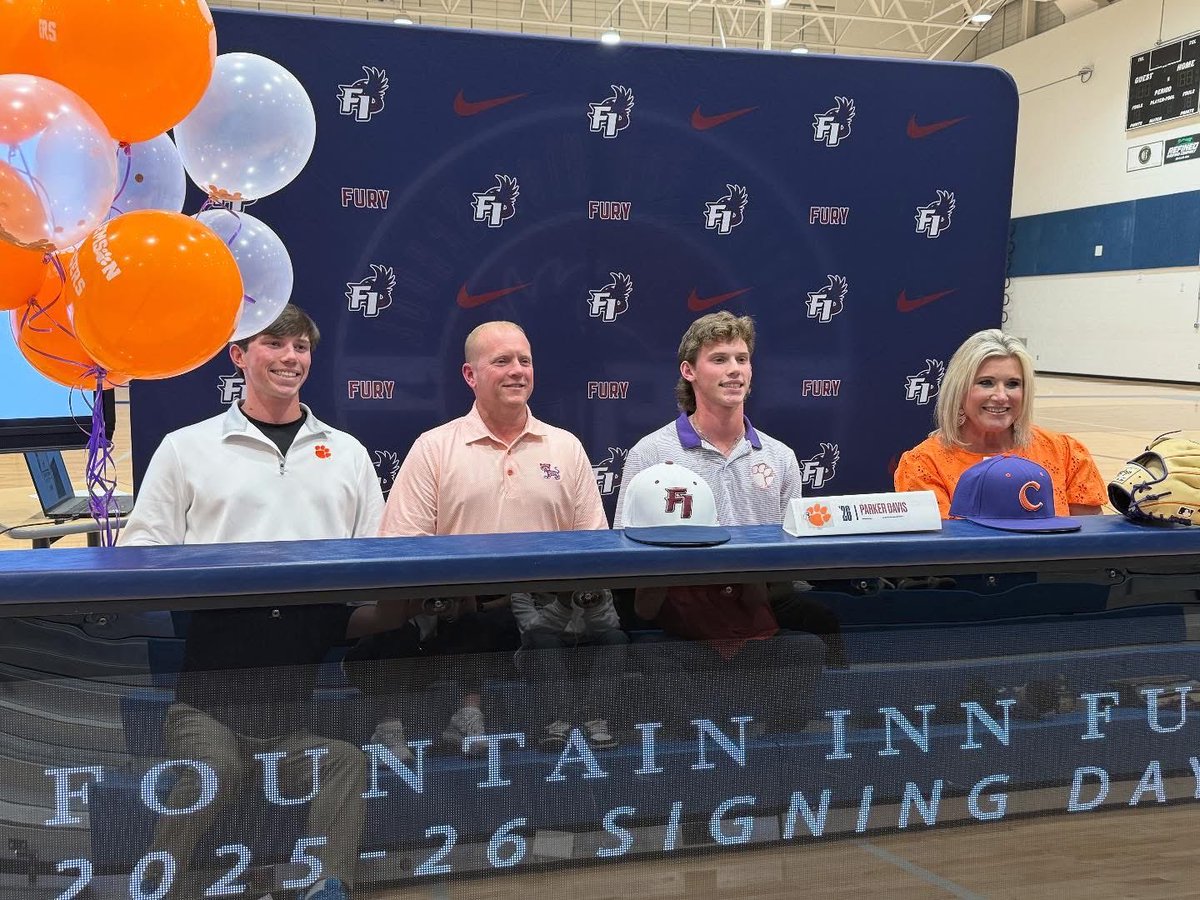 Signing Day 2025 
CONGRATULATIONS to the following <a href="/FuryBasebll/">Fountain Inn Baseball</a> athletes! 

Brayden Passmore has signed with Francis Marion
Mason Guion has signed with Augusta University
Parker Davis has signed with Clemson
Daniel Rentz has signed with Carolina University 
#RISEUP