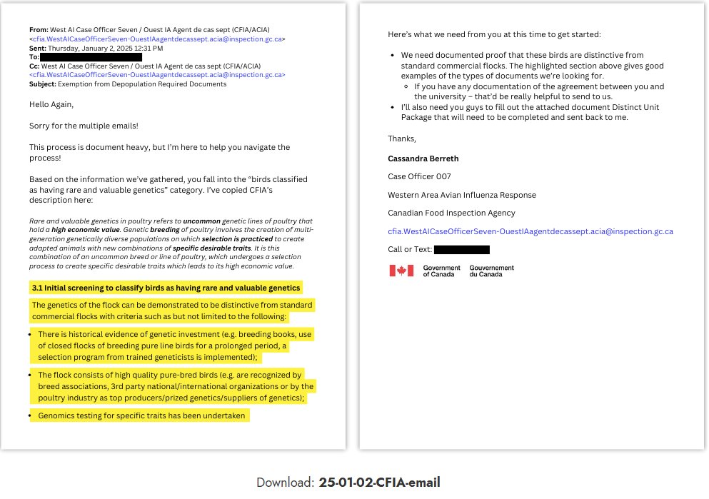 ShareawareCdn's tweet image. UNIVERSAL OSTRICH FARM ISSUED AN EXEMPTION: On January 2, the farmers received an email from a CFIA agent stating their animals qualified for a depopulation exemption due to their rare and valuable genetics. The email included a Distinct Unit Request Package with a depopulation…