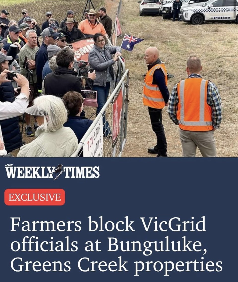 🔥 BREAKING 🔥

Farmers in Victoria have mobilised in large numbers to block VicGrid officials from accessing properties along the proposed VNI West transmission line route, despite threats of $8000 fines.

SUPPORT our Farmers 🔥

No Farmers, No Food