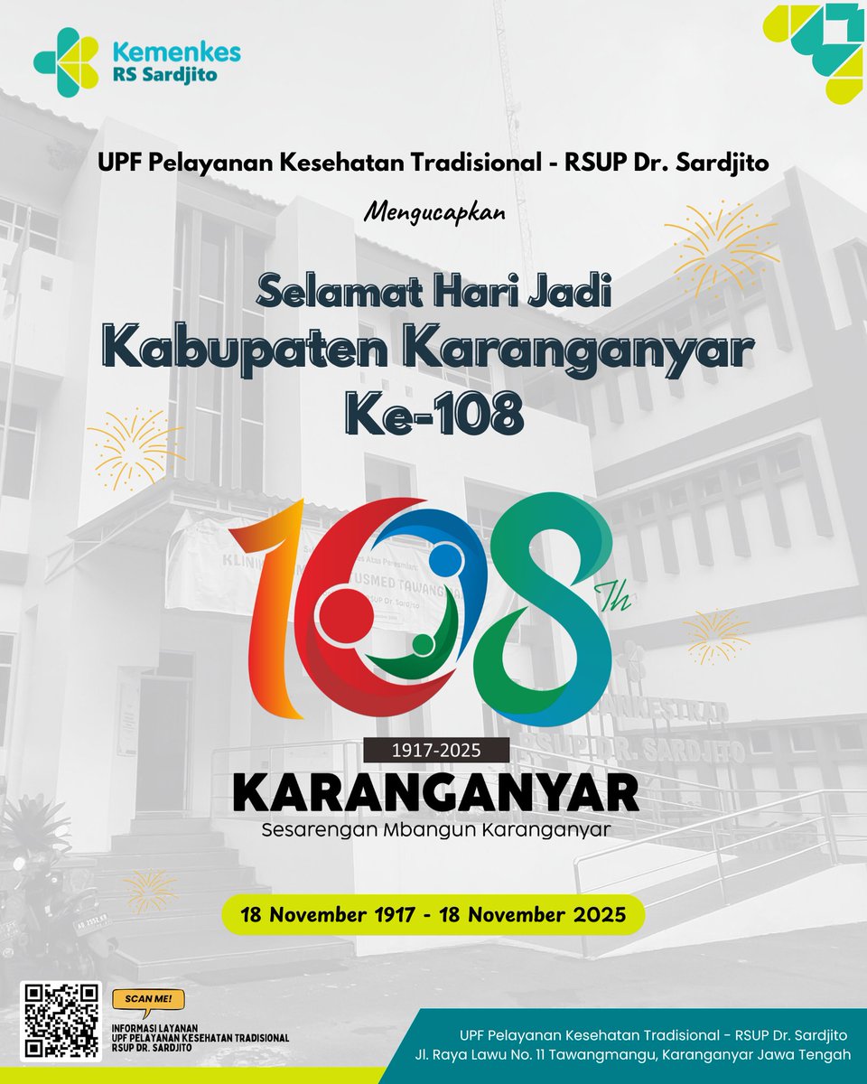 UPF Pelayanan Kesehatan Tradisional RSUP Dr. Sardjito di Tawangmangu mengucapkan Selamat Hari Jadi Kabupaten Karanganyar ke-108

"Sesarengan Mbangun Karanganyar, Mbariske Ati Lan Pikiran"

Salam Sehat dari Tawangmangu

#hortusmedicus #tawangmangu #karanganyar #hutkaranganyar108