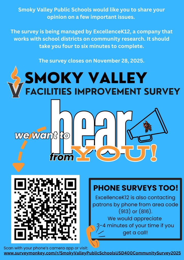 Smoky Valley USD 400 would like your opinion on a few important issues related to facilities improvement for our schools!

surveymonkey.com/r/SmokyValleyP…

The survey will close on 11/28.  
Thank you for your support!