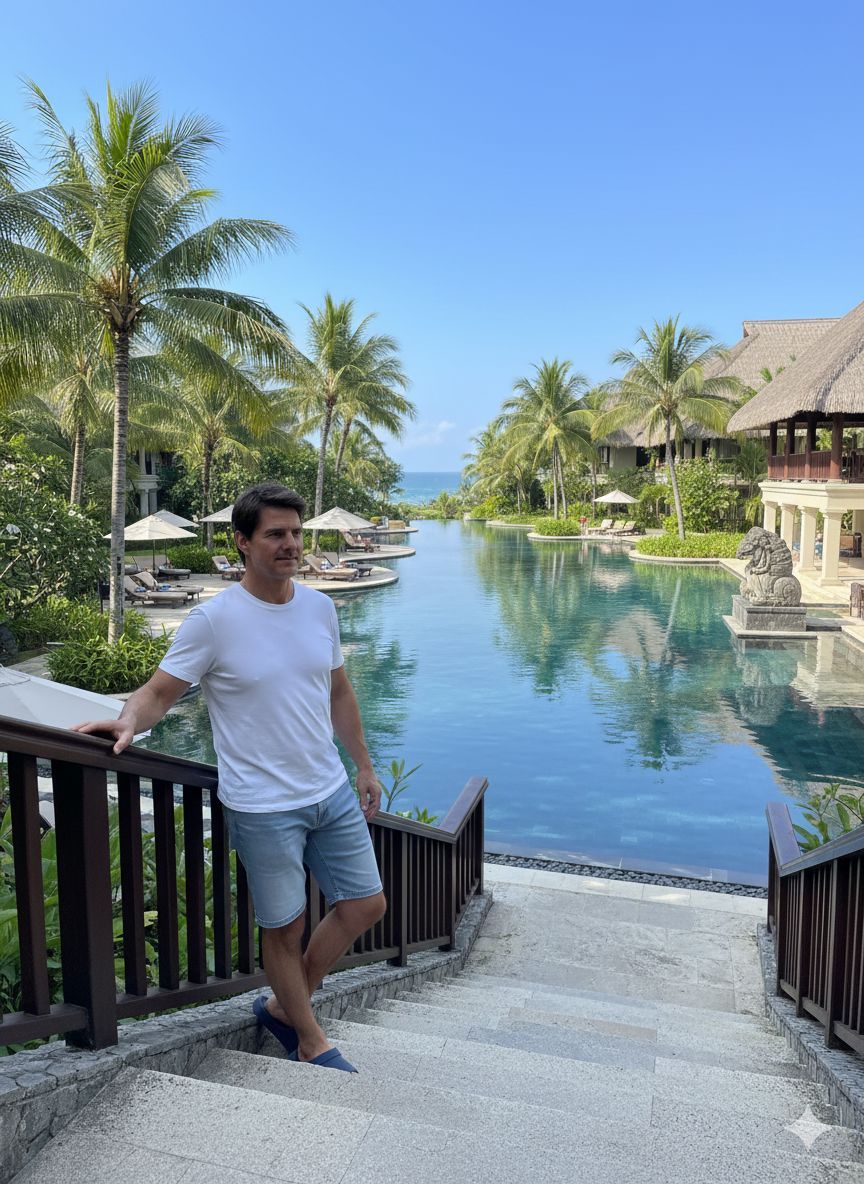 NanoBanana_labs's tweet photo. NO TIME FOR A STAYCATION? 😩✈️
don’t worry — @nanobanana_labs got you. 🚀

Steal the prompt below and CREATE YOUR REALISTIC STAYCATION PICS. 🌴🔥📸

Copy the prompt below and create your own photo like this 🫵

Bookmark 🔖 this now.

How to:
1. Open Gemini app
2. Click create image and upload your photo 
3. Copy and Paste the prompt below on      
    "Describe your image" section 
4. Click Generate button 
5. See the magic 🪄 

Follow @NanoBanana_labs for daily AI glow-ups & viral prompts 🚀 . Power of artificial intelligence, discover with nano banana

Prompt 👇
Man attached in the uploaded reference image ( Keep the face of the person 100% accurate from the reference image ) stands on a stone staircase overlooking an infinity pool. He white shirt and Denim Shorts. suggesting a resort setting. He is wearing a blue sandals. The man is positioned on the left side, slightly leaning against a wooden railing, and looking towards the middle-right. His expression is calm. The background features lush tropical greenery, palm trees, and a multi-tiered building with thatched roofs and a large swimming pool. A stone sculpture is seen on the upper level. The image is taken from a medium-shot in natural daylight. The sky is bright blue, giving a clear tropical feel. The composition includes a diagonal line from the staircase leading the eye to the pool and the scenery beyond, creating depth.