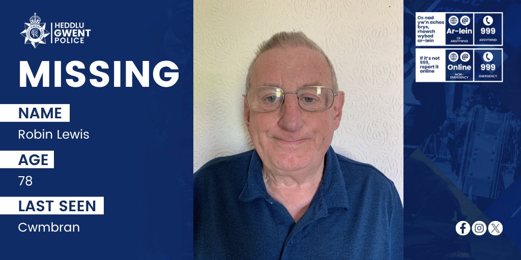‼️ Gwent Police is appealing for information to locate Robin Lewis who is reported as missing.

ℹ️ Robin, 78, was last seen in Cwmbran town centre on Thursday 13 November at around 7.20pm and officers are concerned for his welfare.

🔗 orlo.uk/A0vYx