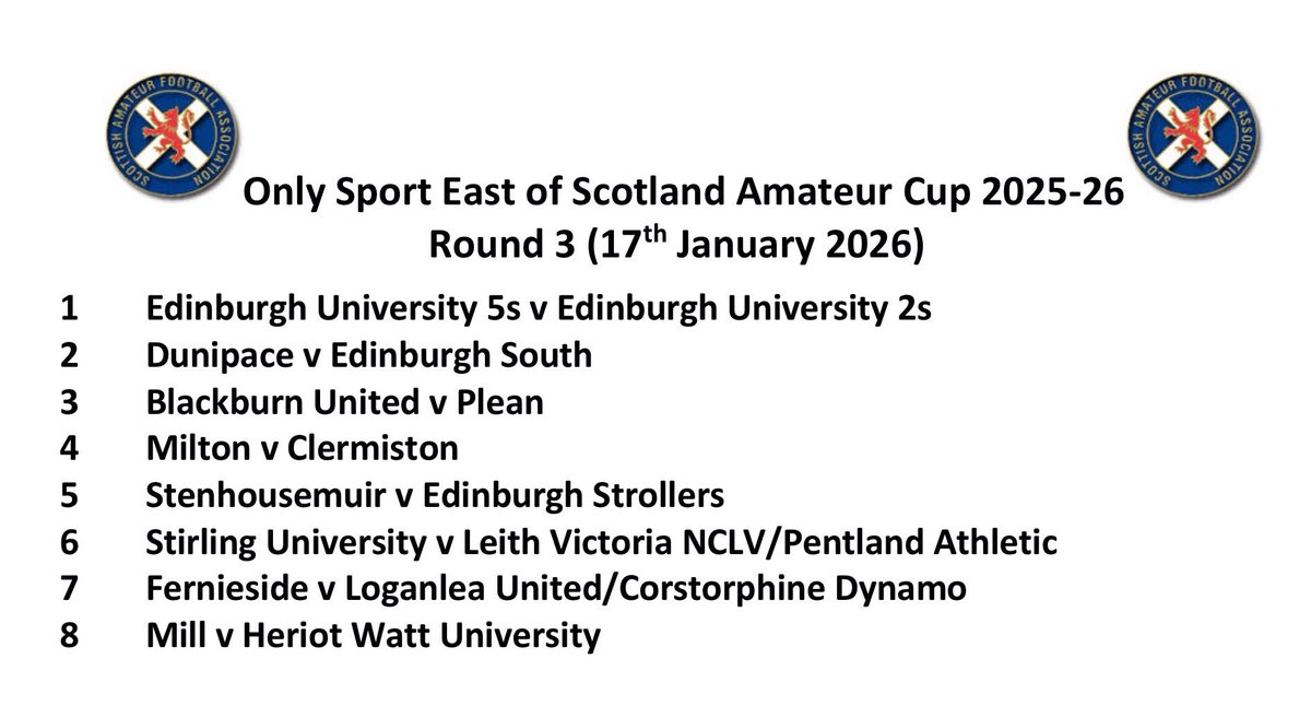 Only Sport East of Scotland Amateur Cup
Round 3 Draw.
Ties to be played Saturday 17 January 2026. 
<a href="/OnlySportLTD1/">Only Sport LTD</a> <a href="/CaledonianAFA/">CaledonianLeague</a> <a href="/LEAFA_Official/">LEAFA Official</a> <a href="/spafaofficial/">Scottish Premier AFA</a>
<a href="/ScotAmFA/">Scottish Amateur FA</a>