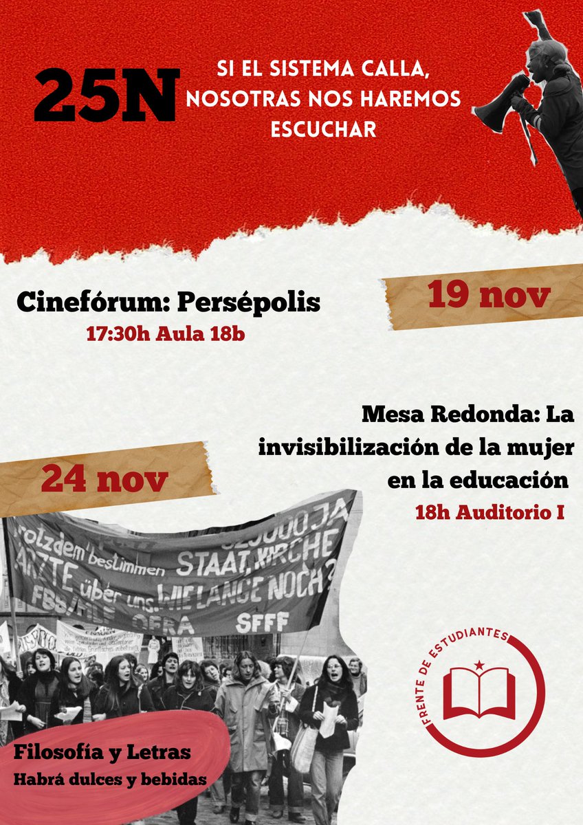 📢Estas semanas estaremos organizando una serie de actividades en la facultad de Filosofía y Letras en las que pondremos sobre la mesa la violencia que sufrimos tantos las estudiantes como las trabajadoras en nuestros centros de estudio.