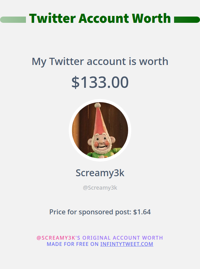 My Twitter worth is: $133.00

➡️ infintytweet.me/account-worth